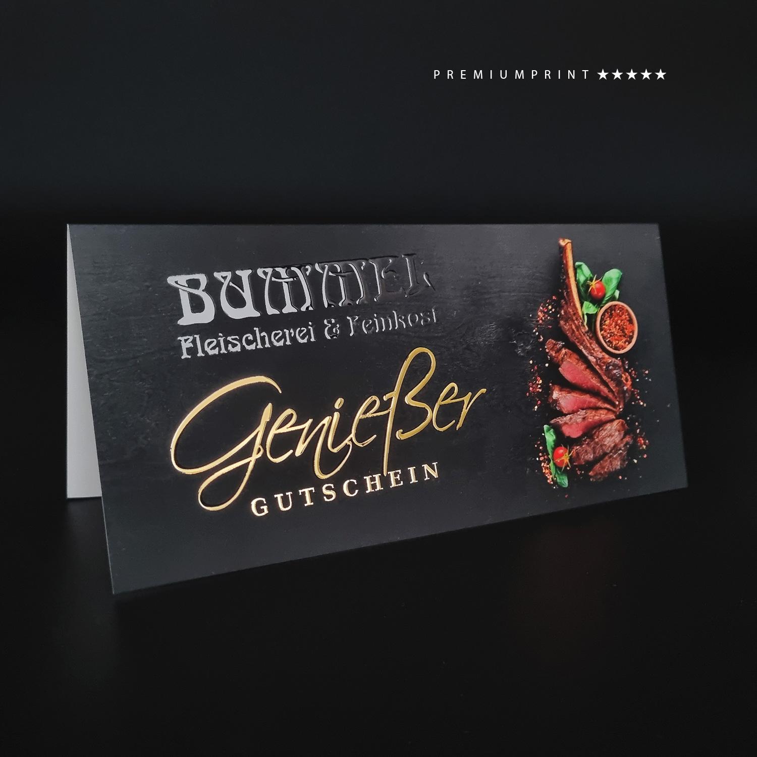 PREMIUM Geschenk-Gutscheine Metzgerei drucken  Soft-Touch, Gold & 3D-Relief-Lack