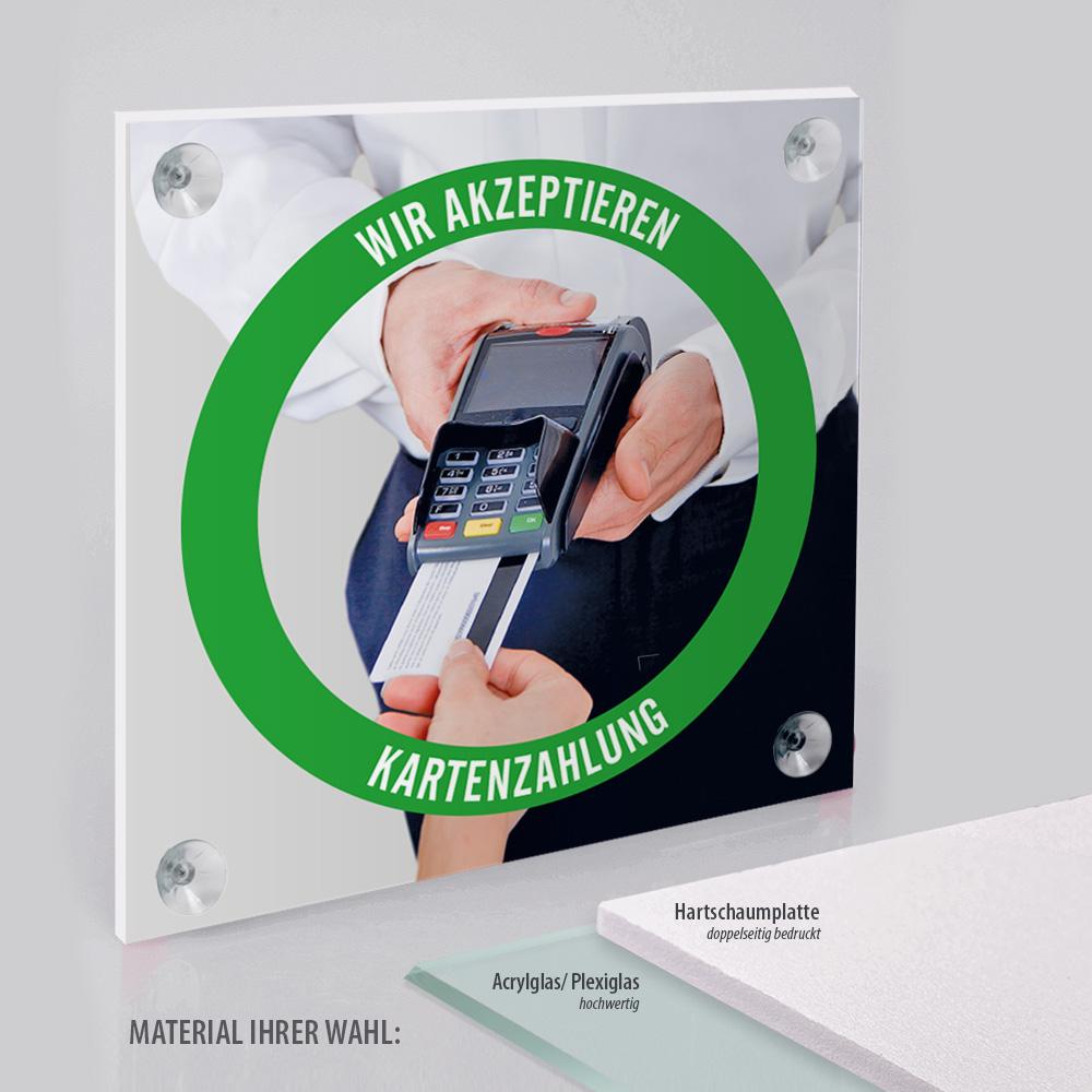 Schild: Kartenzahlung möglich - 15x15 cm - inkl. 4 Bohrungen & Saugnäpfe