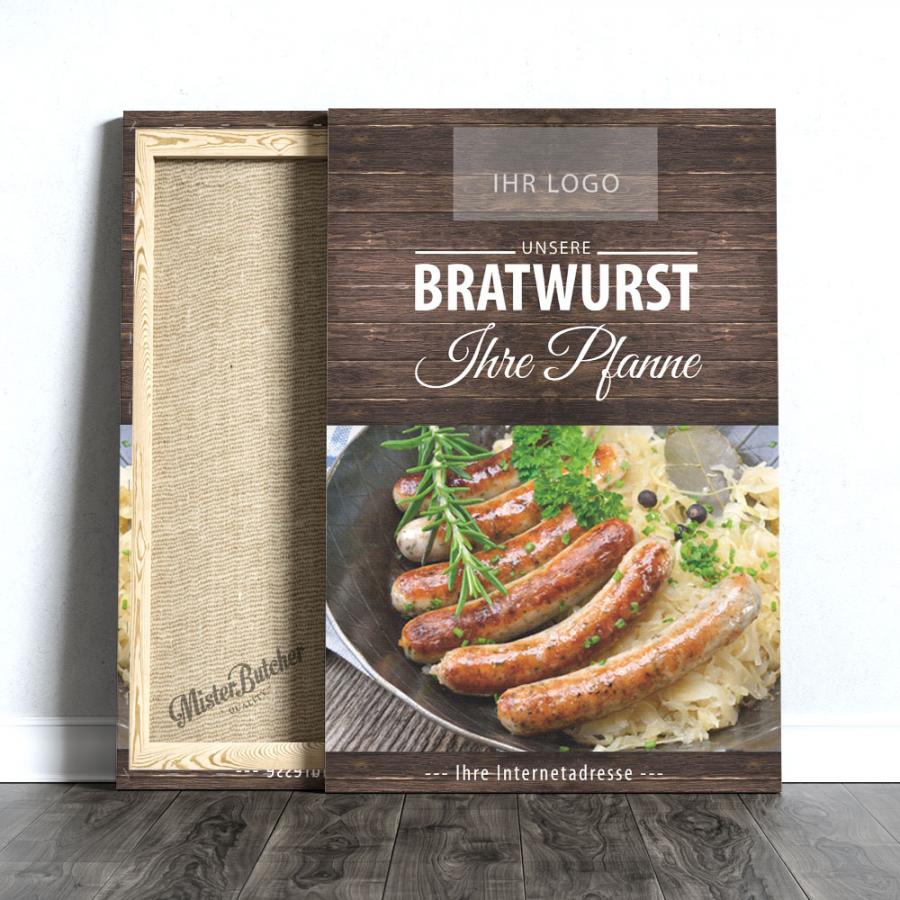 Fotoleinwand bedruckt, Motiv Bratwurst in der Pfanne mit Sauerkraut