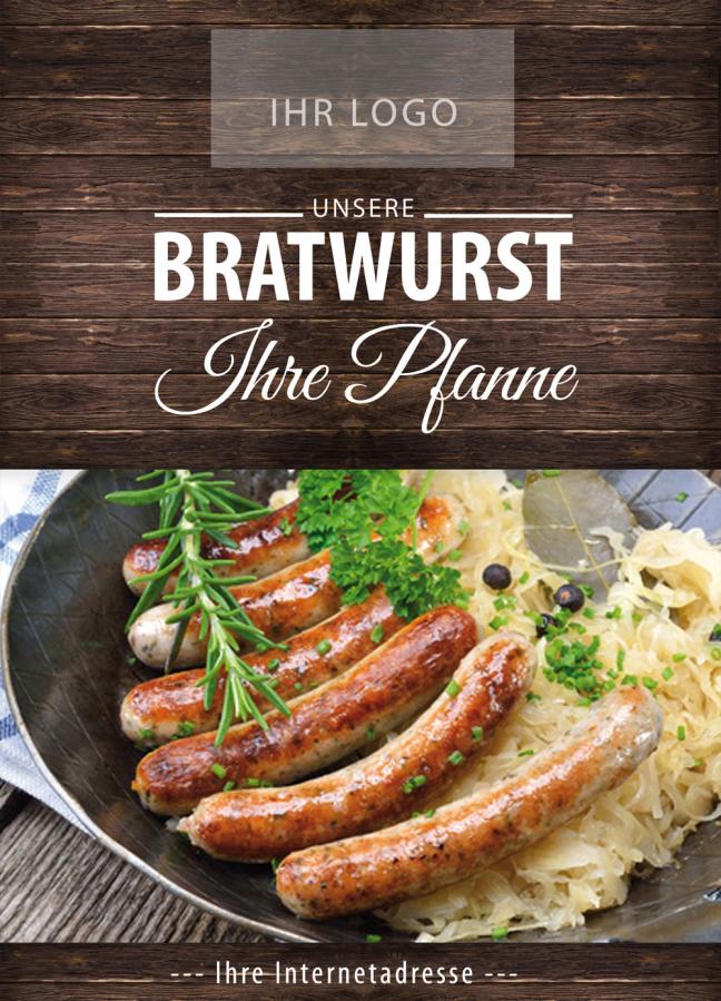 Plakat, Poster-Motiv: Bratwurst in der Pfanne mit Sauerkraut