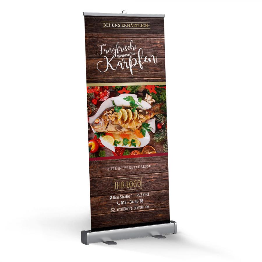 Roll-Up Display 85 x 200 cm bedruckt, Motiv: Weihnachtskarpfen fangfrisch