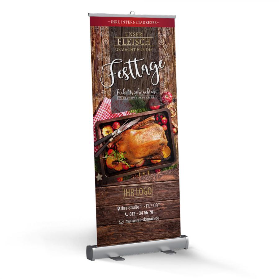 Roll-Up Display 85 x 200 cm bedruckt, Motiv: Weihnachtlicher Enten- & Gänsebraten