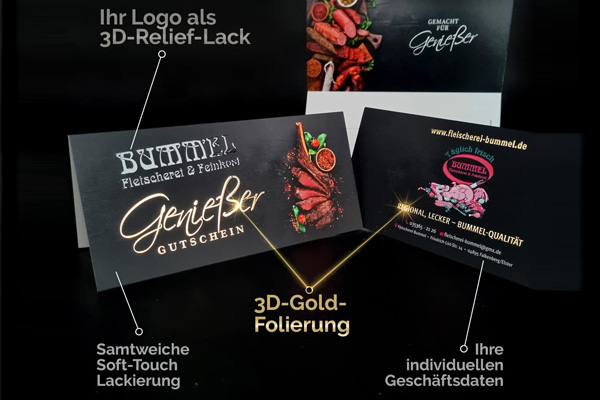 Premium-Geschenkgutscheine fr Metzgerei und Fleischerei mit Soft-Touch, Goldfolie und Relieflack